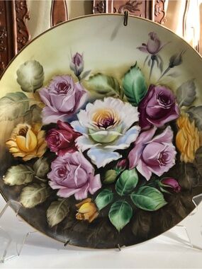 Vintage Multicolored Roses With Rosebuds And Greenery Porcelain Platter.